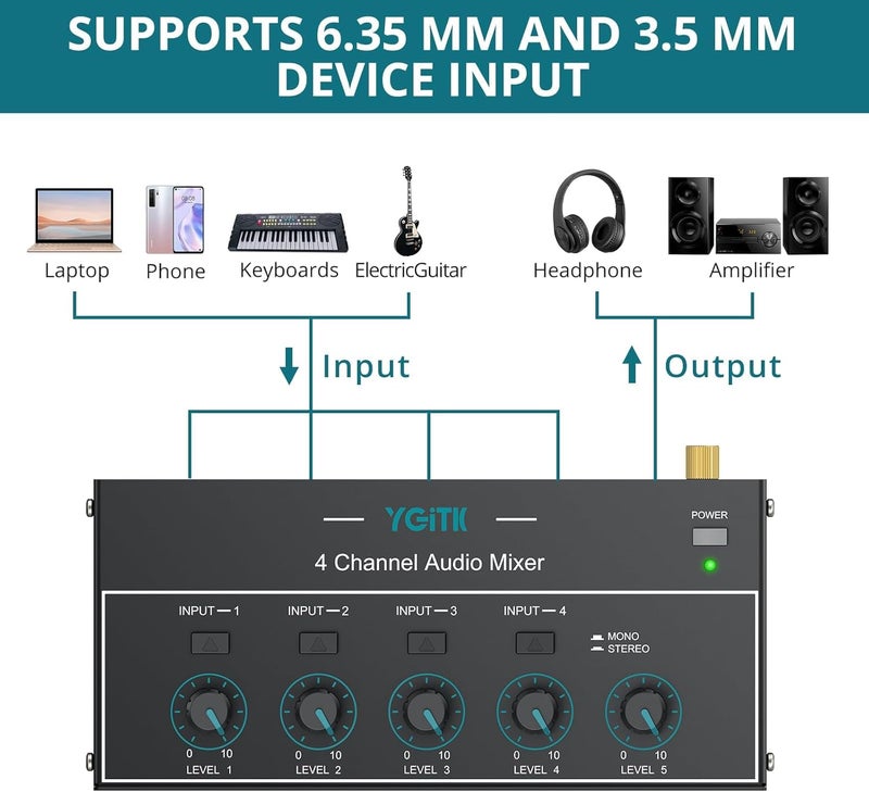 YGiTK Mini Audio Mixer, 4 Channel Stereo Line Mixer 1/4" & 1/8" TSR Audio Output Input Jack, Line Mixer Stereo/Mono Independent Control and Switch for Guitars,Bass,Keyboards, Dynamic Microphone - Image 2